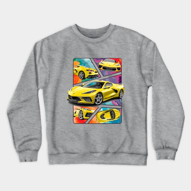 Multiple Angles of the Accelerate Yellow C8 Corvette Presented In A Bold Vibrant Panel Art Display Supercar Sports Car Racecar Accelerate Yellow Corvette C8 Crewneck Sweatshirt by Tees 4 Thee